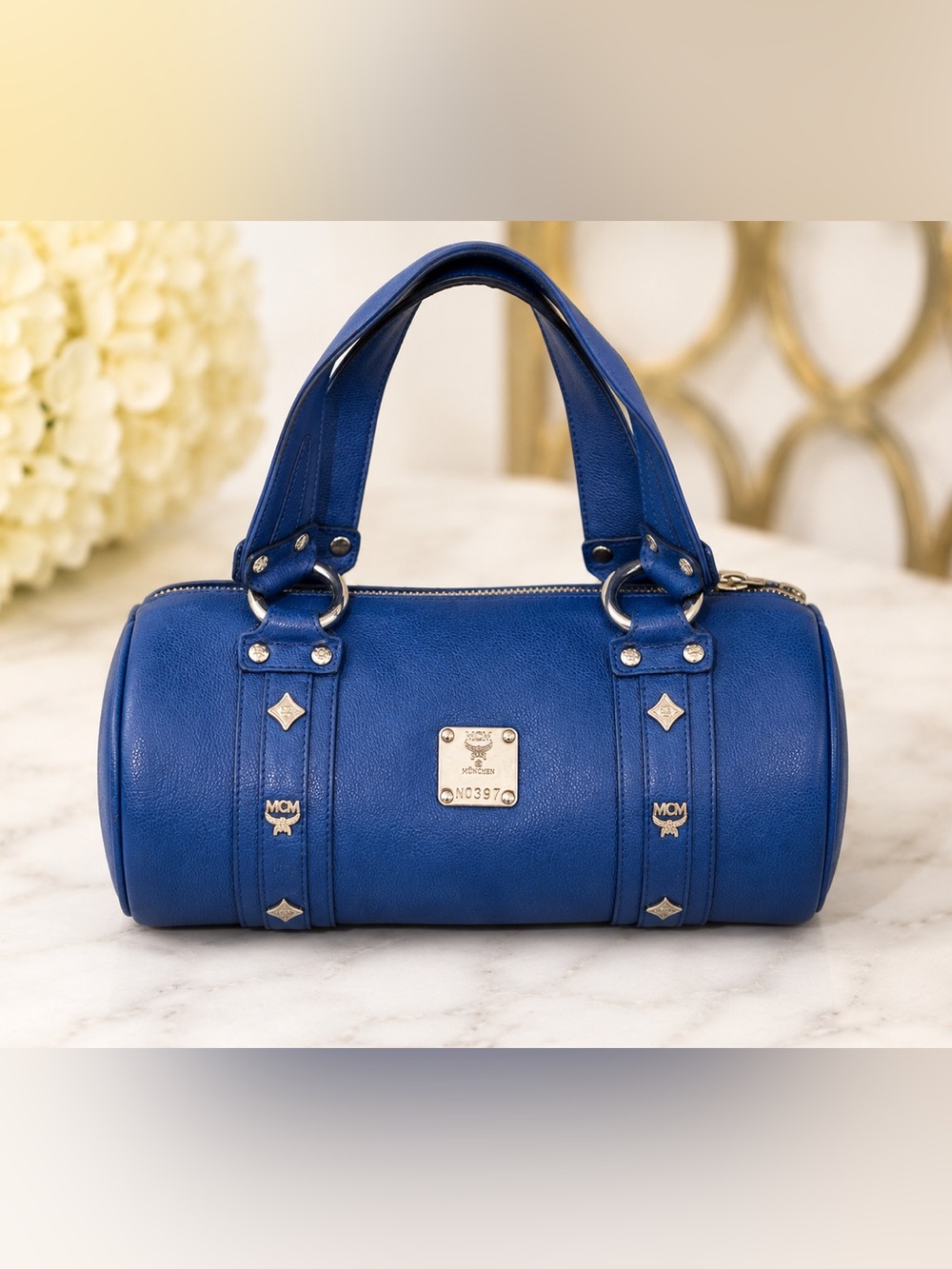 Rare MCM Cobalt Blue Leather Barrel Bag | Y2K Mini Bowler Satchel